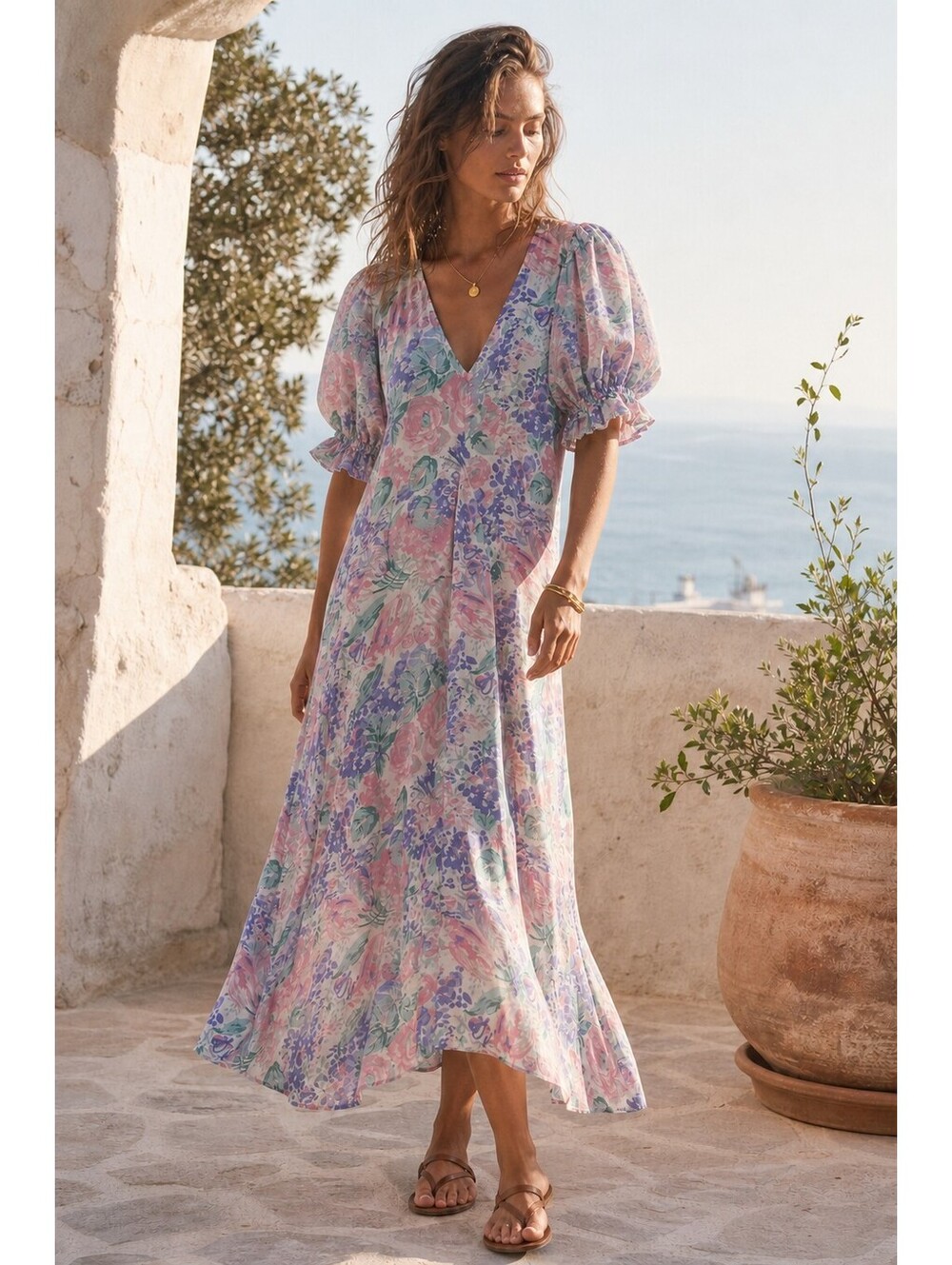 Faithfull The Brand Maggie Ondine Floral Midi Dress Sz US 6 M Pastel Cottagecore